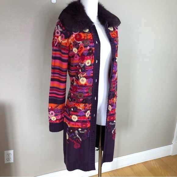 Purple wool blend floral embroidered long cardigan real fur removable collar S